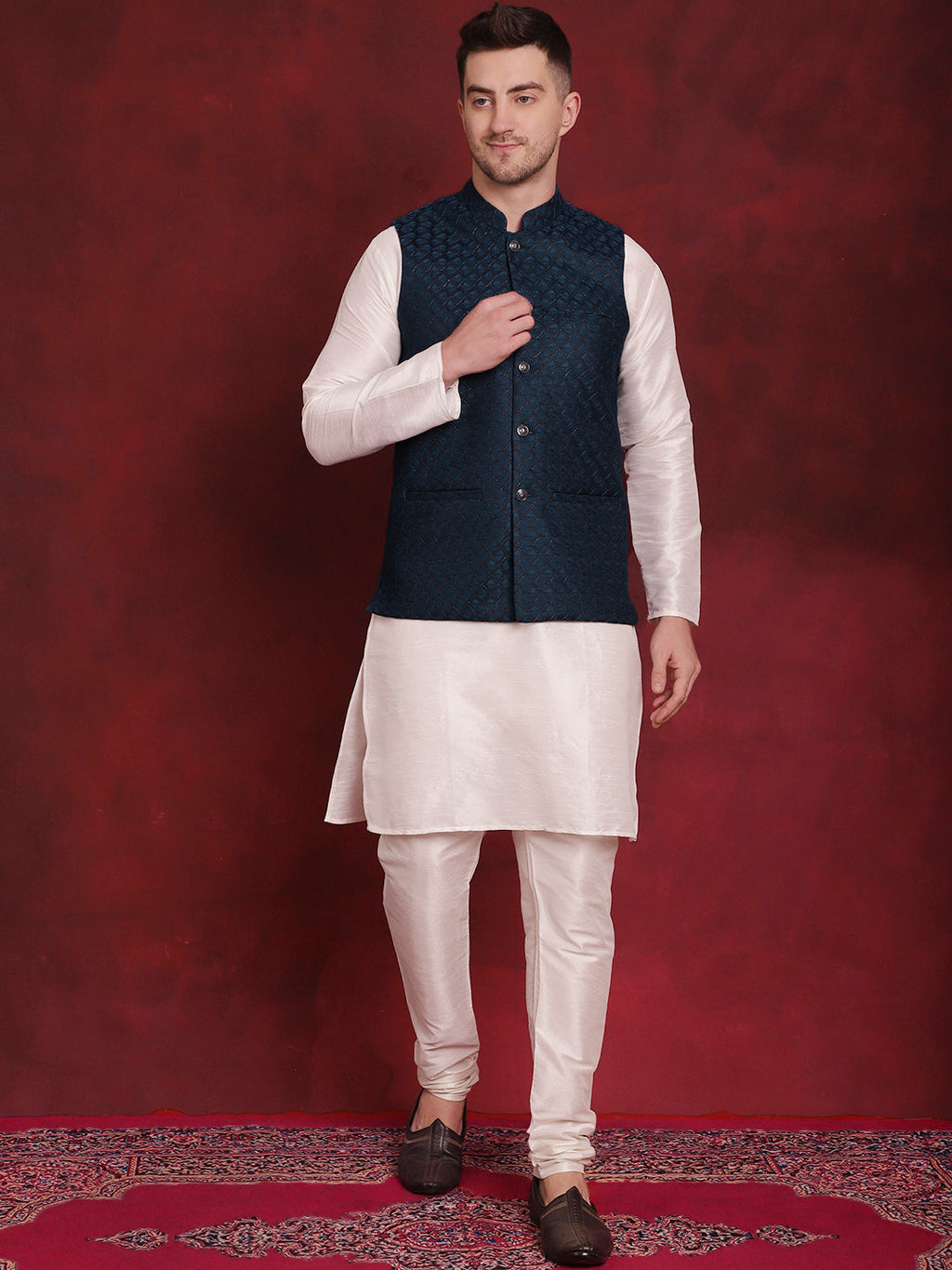 Jompers Men's Blue Woven Design Nehru Jacket With Kurta Pyjama Set | Grocsy