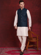 Jompers Men's Blue Woven Design Nehru Jacket With Kurta Pyjama Set | Grocsy