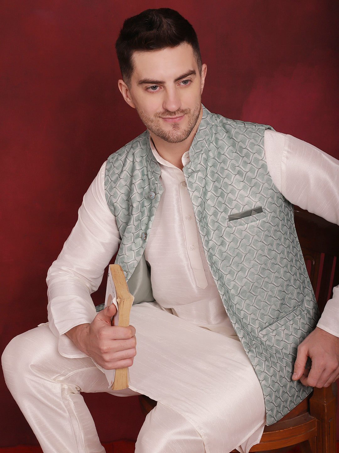 Jompers Men's Green Woven Design Nehru Jacket With Kurta Pyjama Set | Grocsy