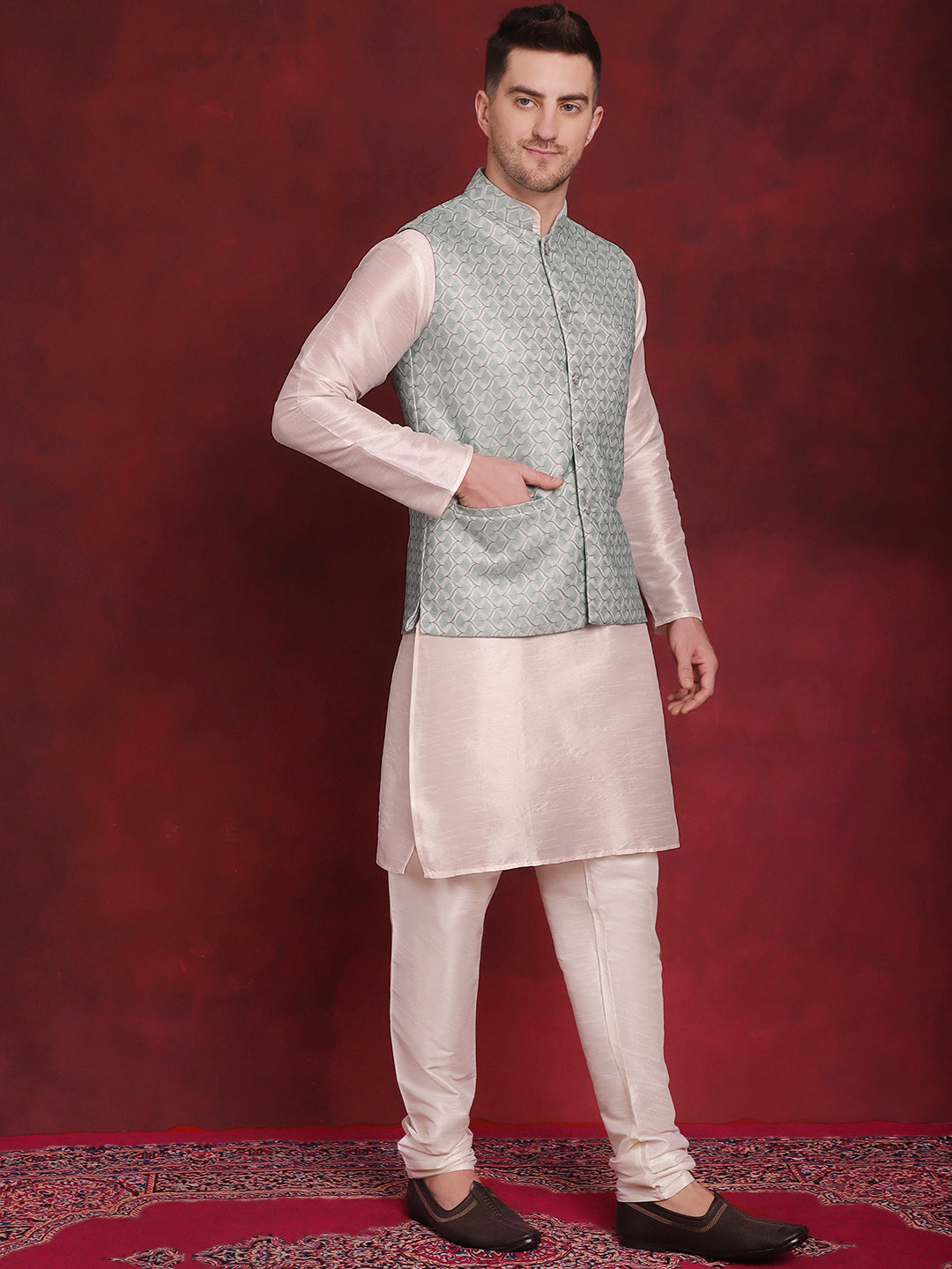 Jompers Men's Green Woven Design Nehru Jacket With Kurta Pyjama Set | Grocsy