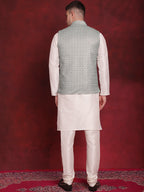 Jompers Men's Green Woven Design Nehru Jacket With Kurta Pyjama Set | Grocsy