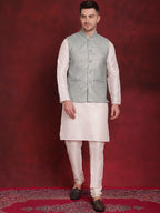 Jompers Men's Green Woven Design Nehru Jacket With Kurta Pyjama Set | Grocsy