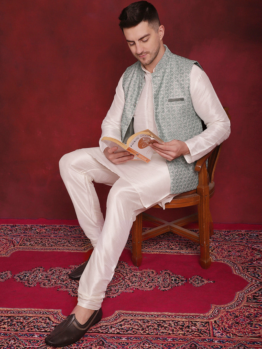 Jompers Men's Green Woven Design Nehru Jacket With Kurta Pyjama Set | Grocsy