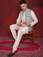 Jompers Men's Green Woven Design Nehru Jacket With Kurta Pyjama Set | Grocsy