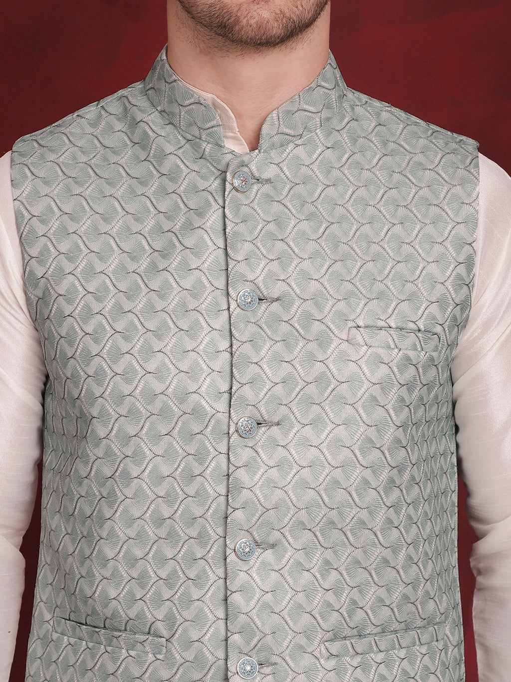 Jompers Men's Green Woven Design Nehru Jacket With Kurta Pyjama Set | Grocsy