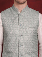 Jompers Men's Green Woven Design Nehru Jacket With Kurta Pyjama Set | Grocsy