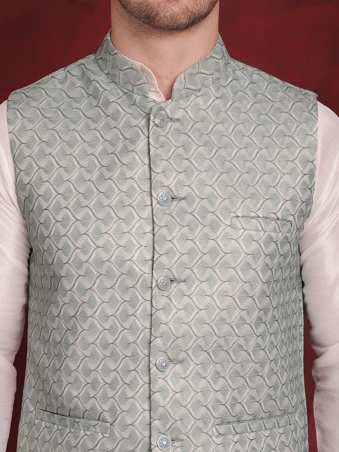 Jompers Men's Green Woven Design Nehru Jacket With Kurta Pyjama Set | Grocsy