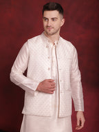 Jompers Men's White Woven Design Nehru Jacket With Kurta Pyjama Set - White | Grocsy