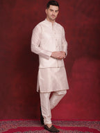 Jompers Men's White Woven Design Nehru Jacket With Kurta Pyjama Set - White | Grocsy