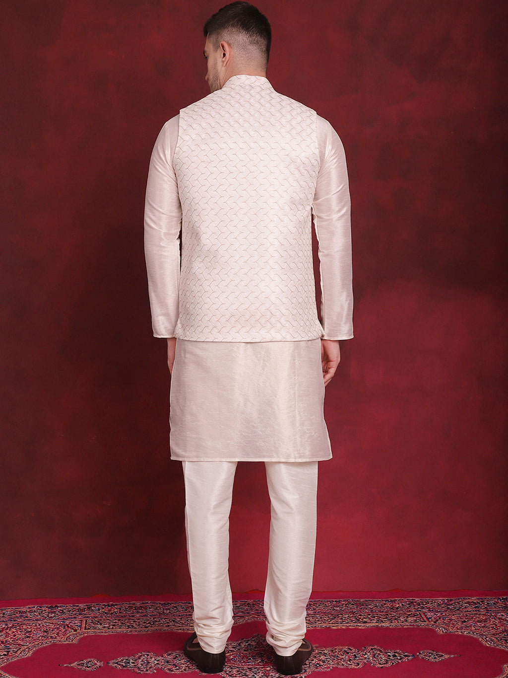 Jompers Men's White Woven Design Nehru Jacket With Kurta Pyjama Set - White | Grocsy