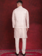 Jompers Men's White Woven Design Nehru Jacket With Kurta Pyjama Set - White | Grocsy