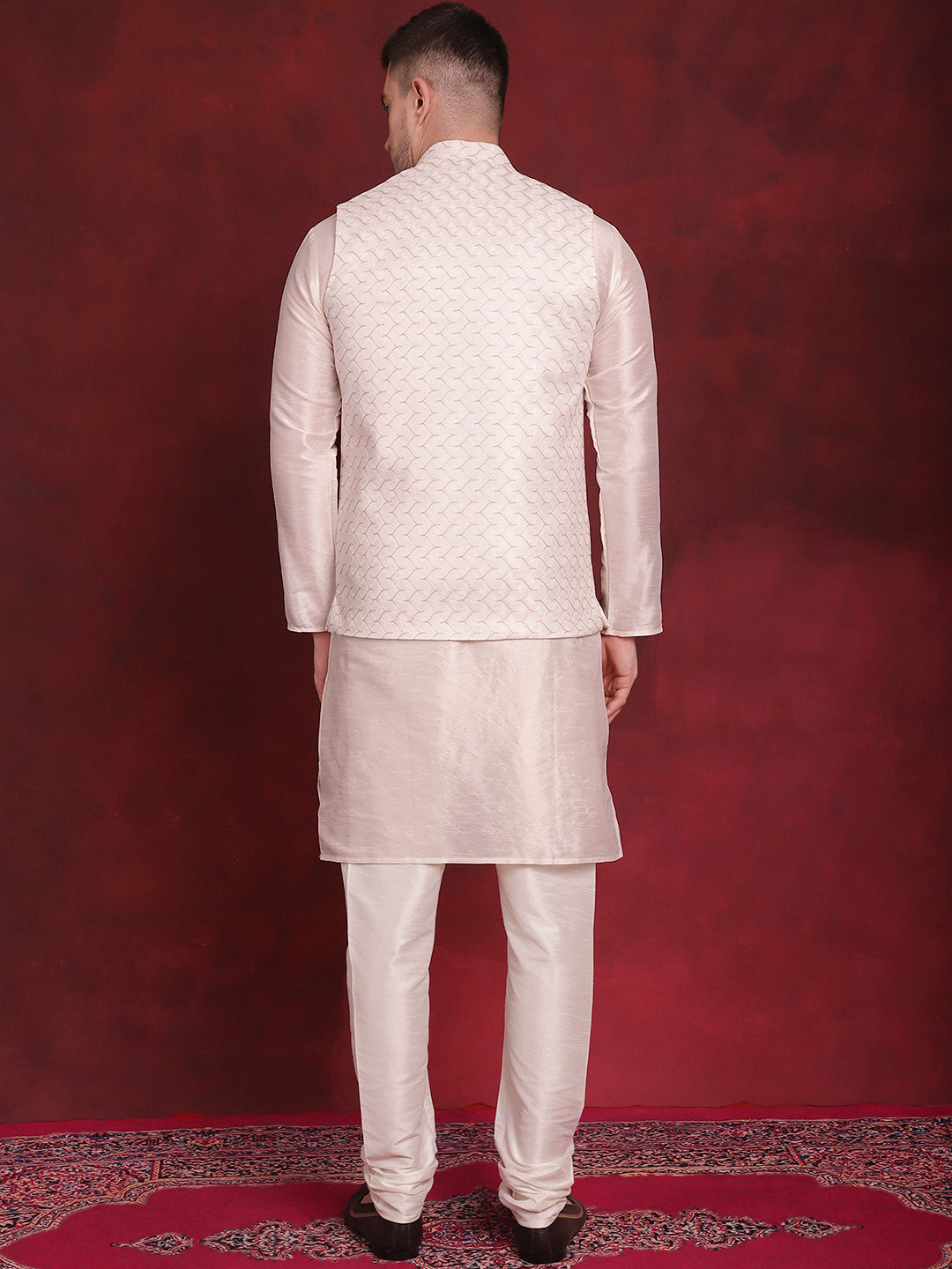 Jompers Men's White Woven Design Nehru Jacket With Kurta Pyjama Set - White | Grocsy
