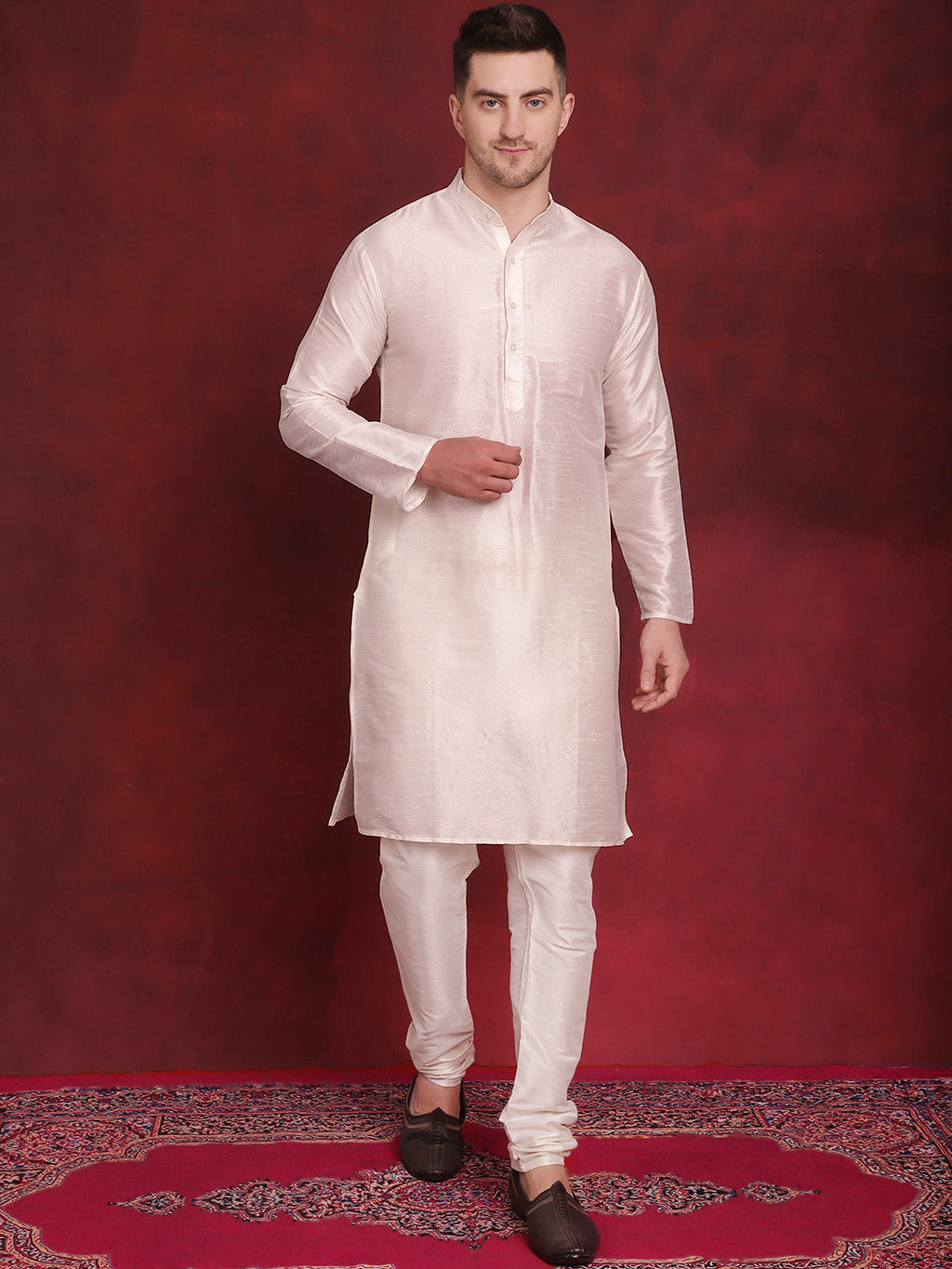 Jompers Men's White Woven Design Nehru Jacket With Kurta Pyjama Set - White | Grocsy