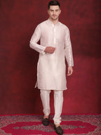 Jompers Men's White Woven Design Nehru Jacket With Kurta Pyjama Set - White | Grocsy