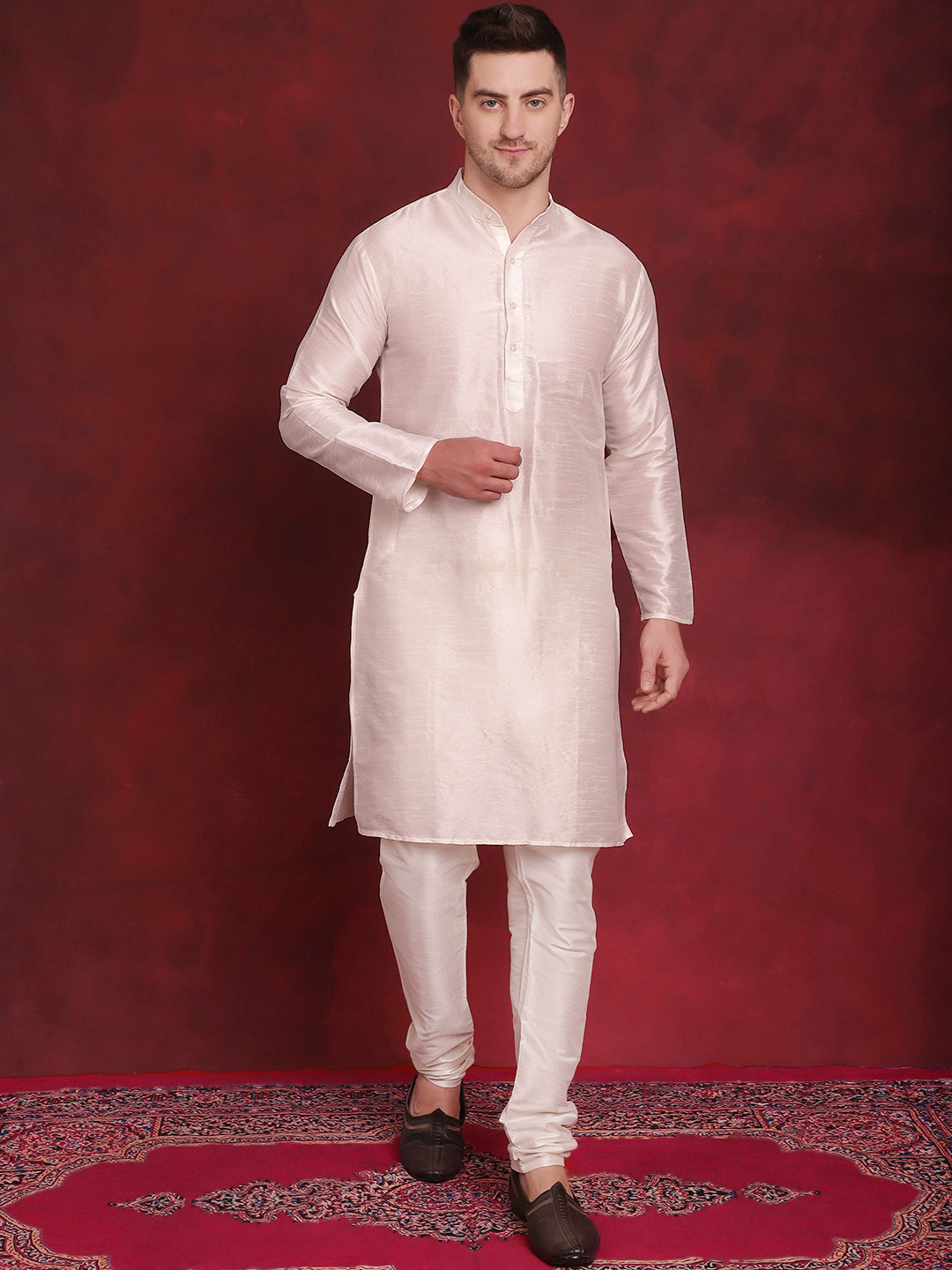 Jompers Men's White Woven Design Nehru Jacket With Kurta Pyjama Set - White | Grocsy