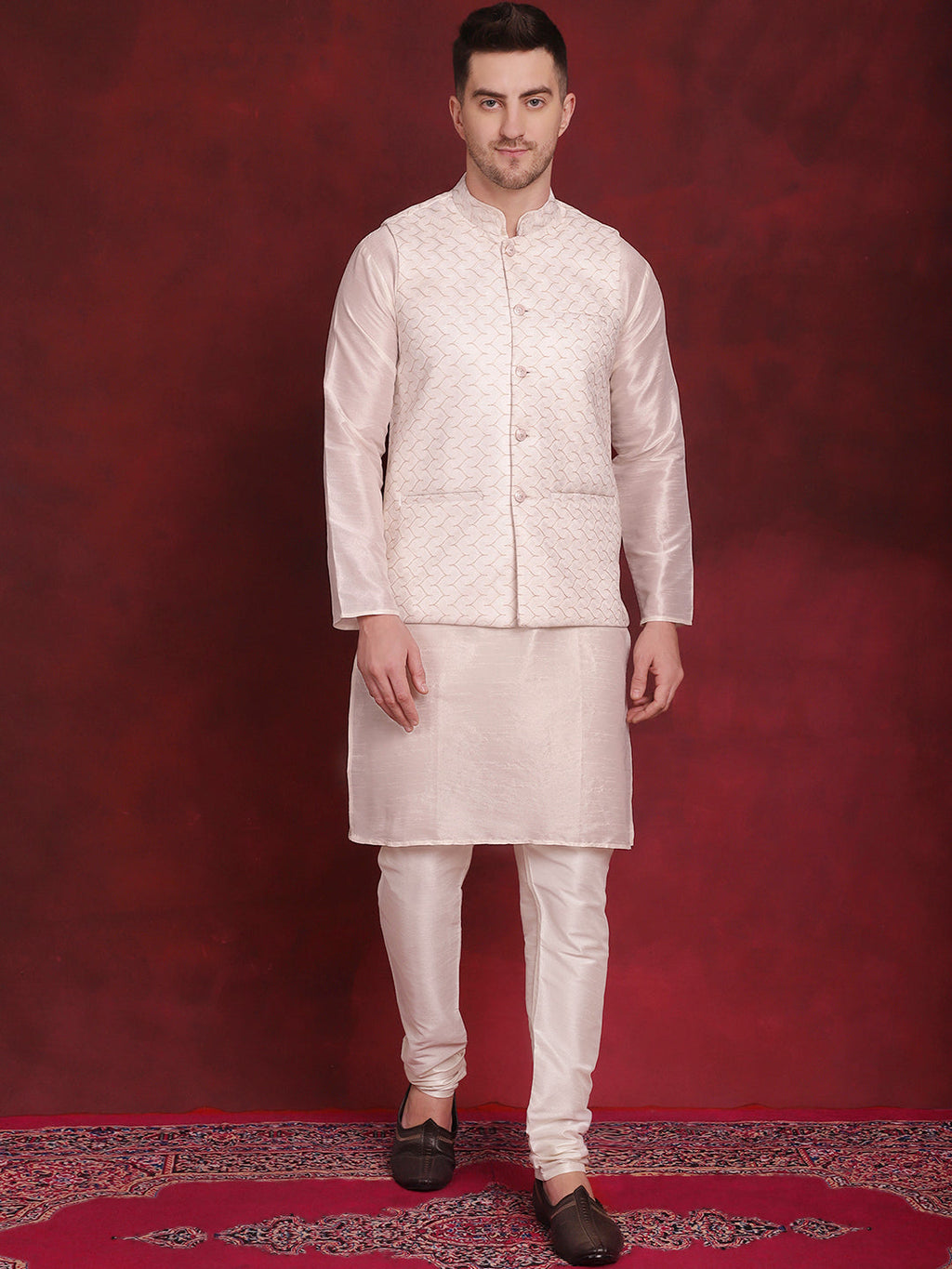 Jompers Men's White Woven Design Nehru Jacket With Kurta Pyjama Set - White | Grocsy