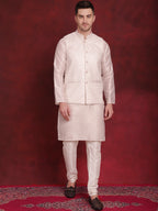 Jompers Men's White Woven Design Nehru Jacket With Kurta Pyjama Set - White | Grocsy