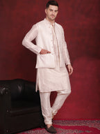Jompers Men's White Woven Design Nehru Jacket With Kurta Pyjama Set - White | Grocsy