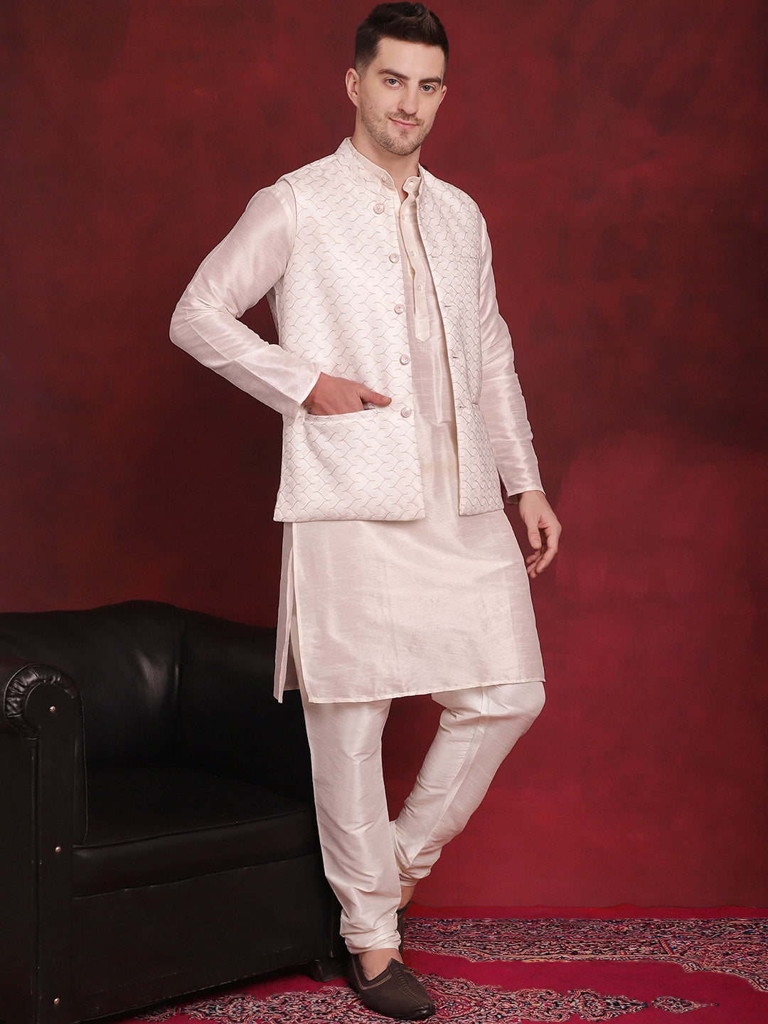 Jompers Men's White Woven Design Nehru Jacket With Kurta Pyjama Set - White | Grocsy