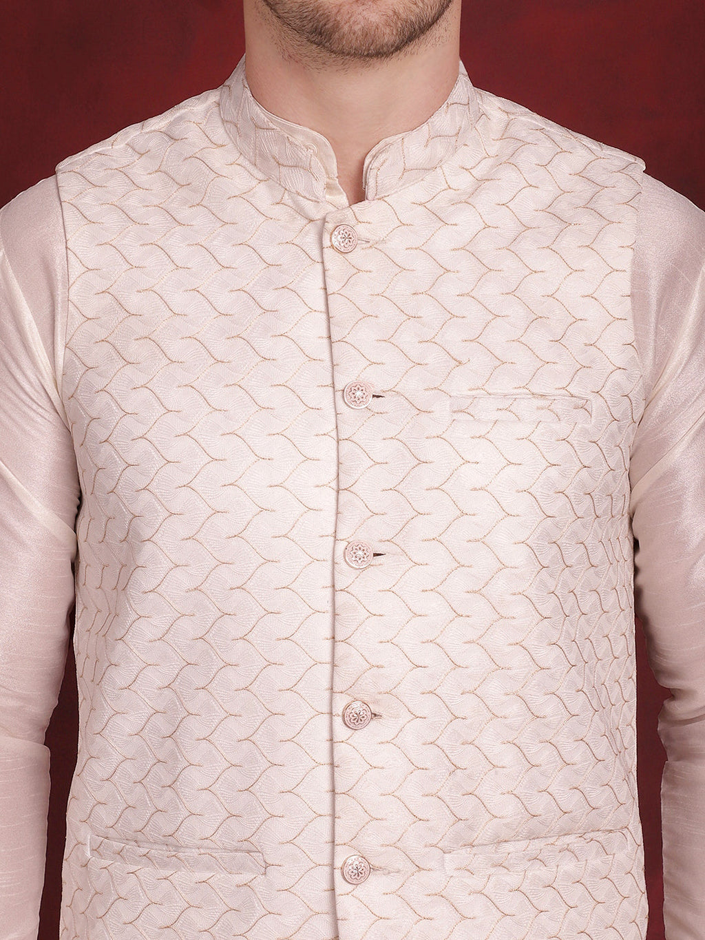 Jompers Men's White Woven Design Nehru Jacket With Kurta Pyjama Set - White | Grocsy