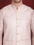 Jompers Men's White Woven Design Nehru Jacket With Kurta Pyjama Set - White | Grocsy