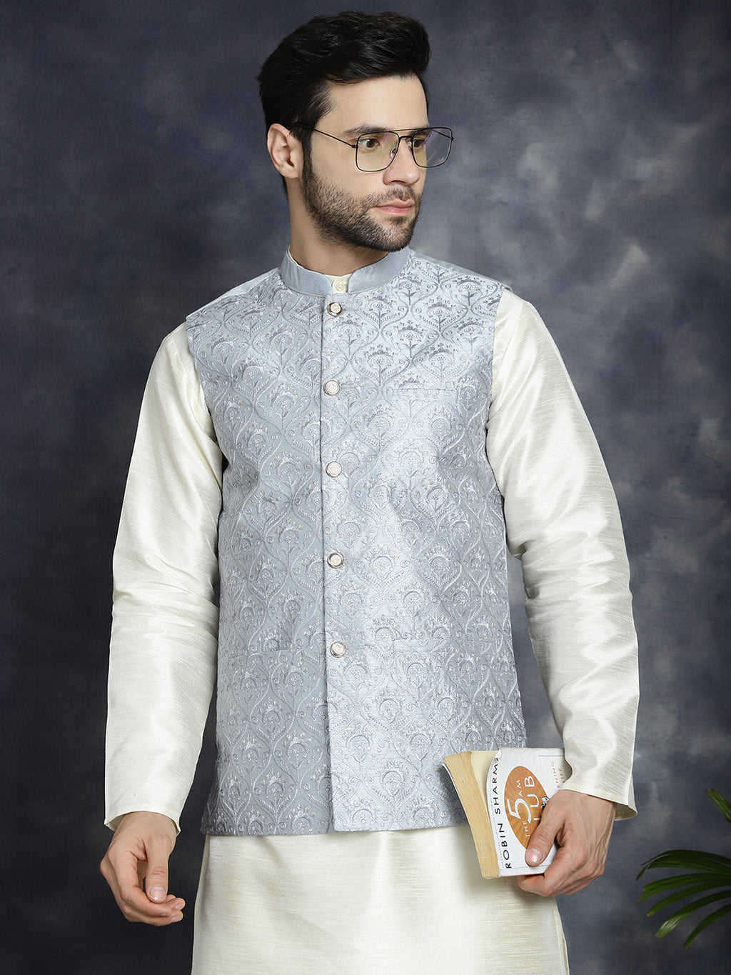 Jompers Men's Sequins and Embroidred Nehru Jacket With Solid Kurta Pyjama - Grey | Grocsy