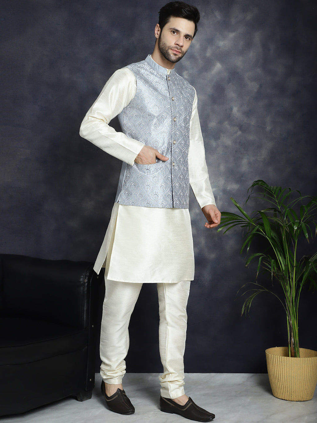 Jompers Men's Sequins and Embroidred Nehru Jacket With Solid Kurta Pyjama - Grey | Grocsy