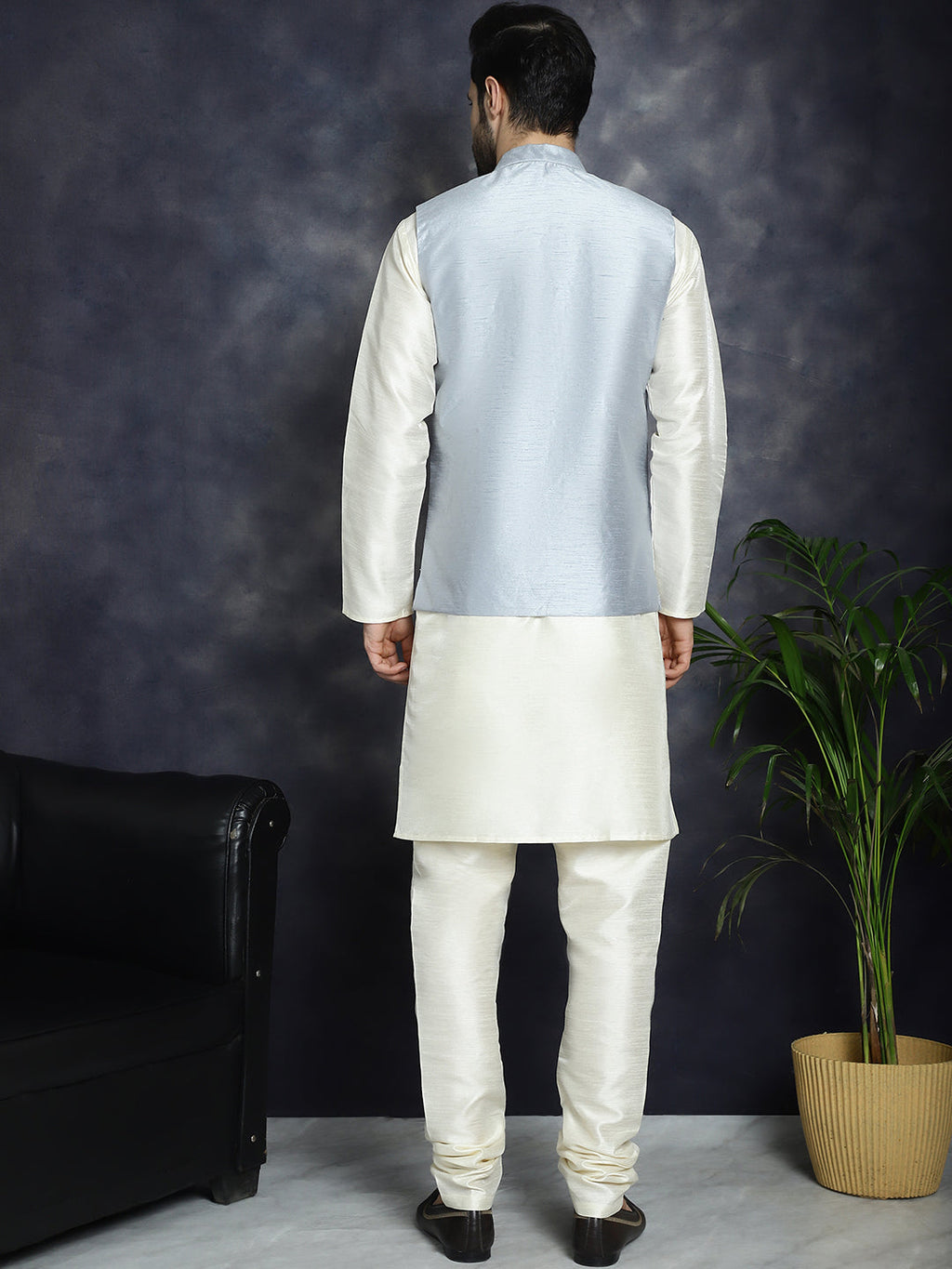 Jompers Men's Sequins and Embroidred Nehru Jacket With Solid Kurta Pyjama - Grey | Grocsy