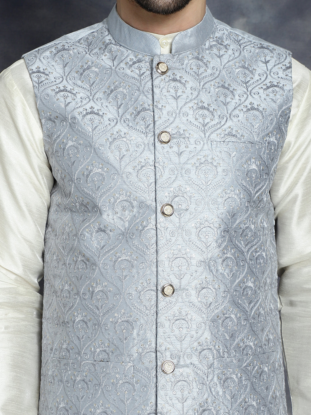Jompers Men's Sequins and Embroidred Nehru Jacket With Solid Kurta Pyjama - Grey | Grocsy