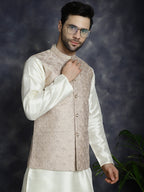 Jompers Men's Sequins and Embroidred Nehru Jacket With Solid Kurta Pyjama - Peach | Grocsy