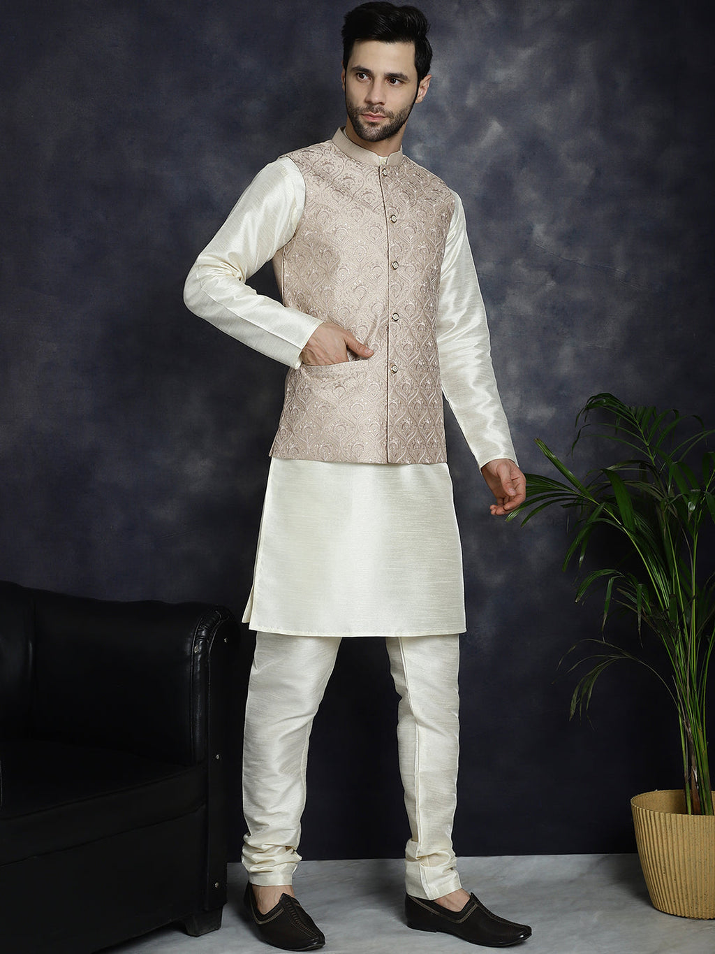 Jompers Men's Sequins and Embroidred Nehru Jacket With Solid Kurta Pyjama - Peach | Grocsy