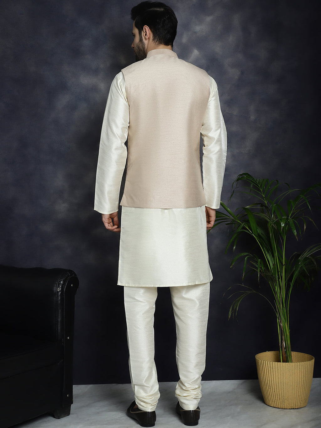 Jompers Men's Sequins and Embroidred Nehru Jacket With Solid Kurta Pyjama - Peach | Grocsy