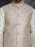 Jompers Men's Sequins and Embroidred Nehru Jacket With Solid Kurta Pyjama - Peach | Grocsy