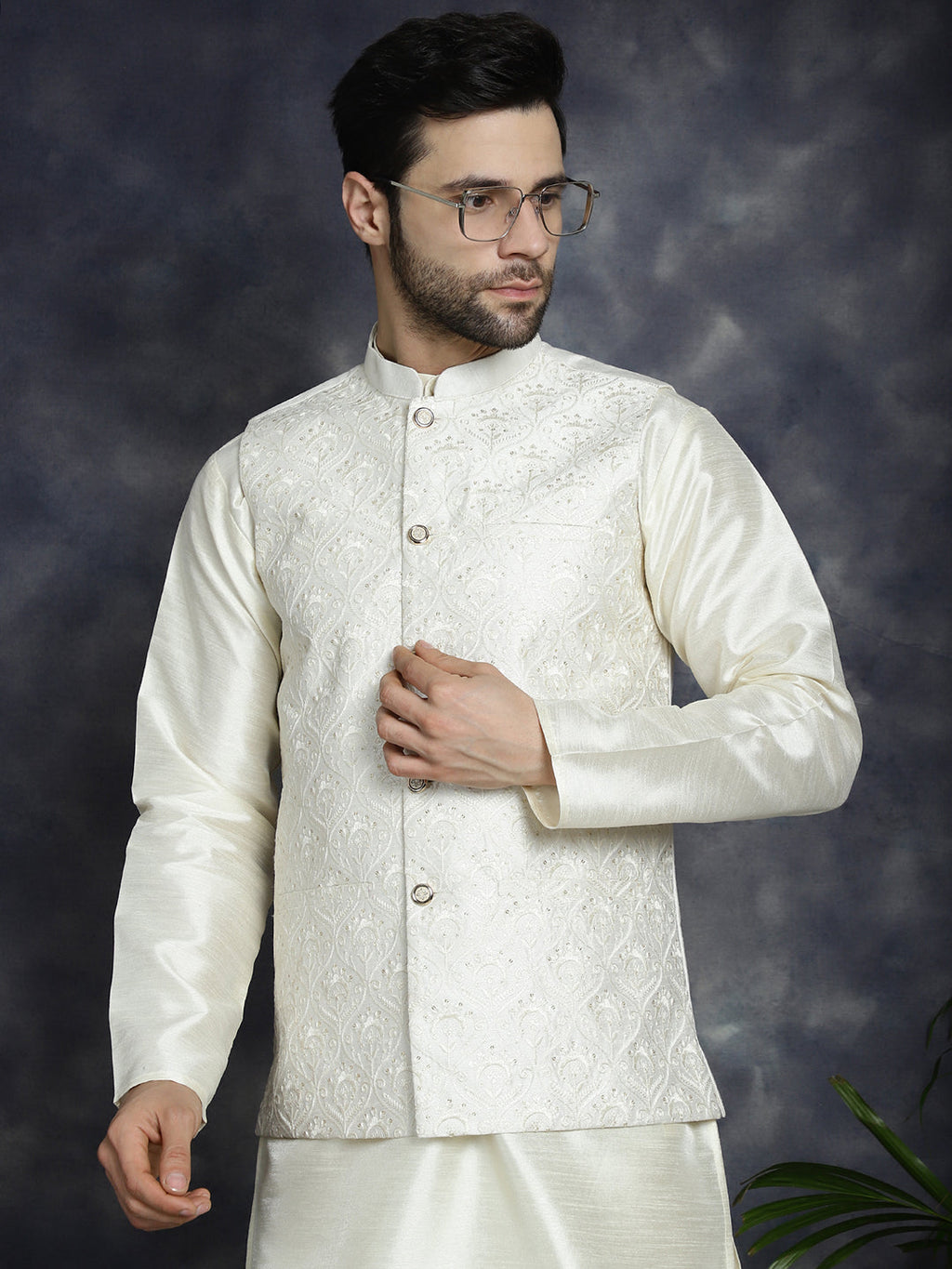 Jompers Men's Sequins and Embroidred Nehru Jacket With Solid Kurta Pyjama - White | Grocsy