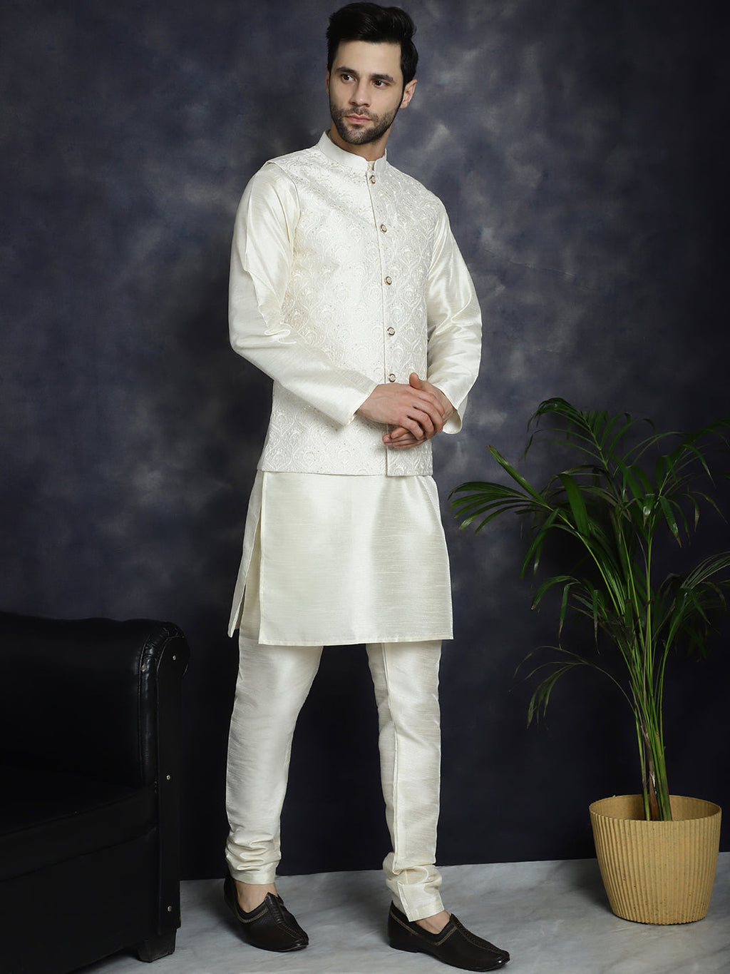 Jompers Men's Sequins and Embroidred Nehru Jacket With Solid Kurta Pyjama - White | Grocsy