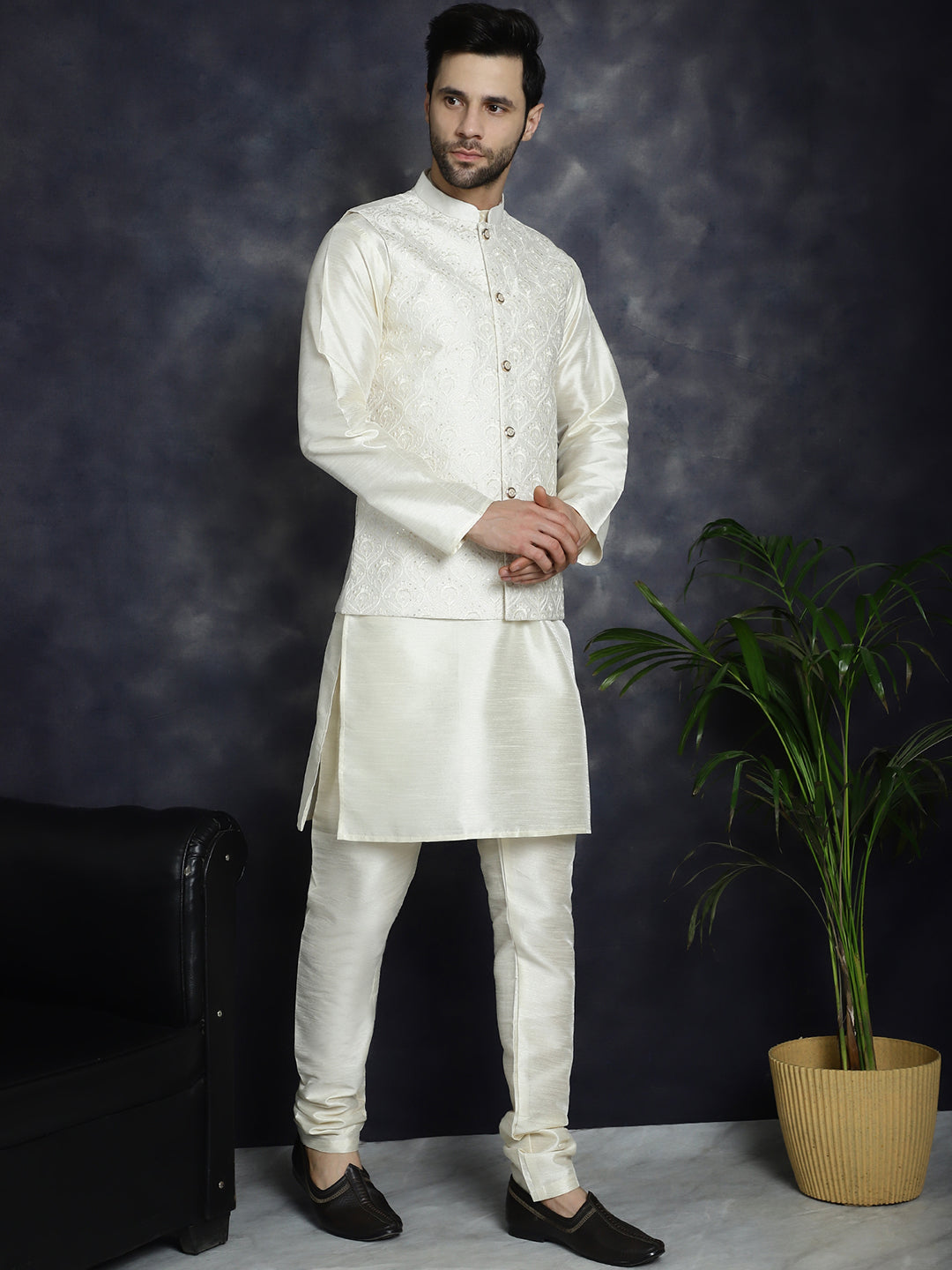 Jompers Men's Sequins and Embroidred Nehru Jacket With Solid Kurta Pyjama - White | Grocsy