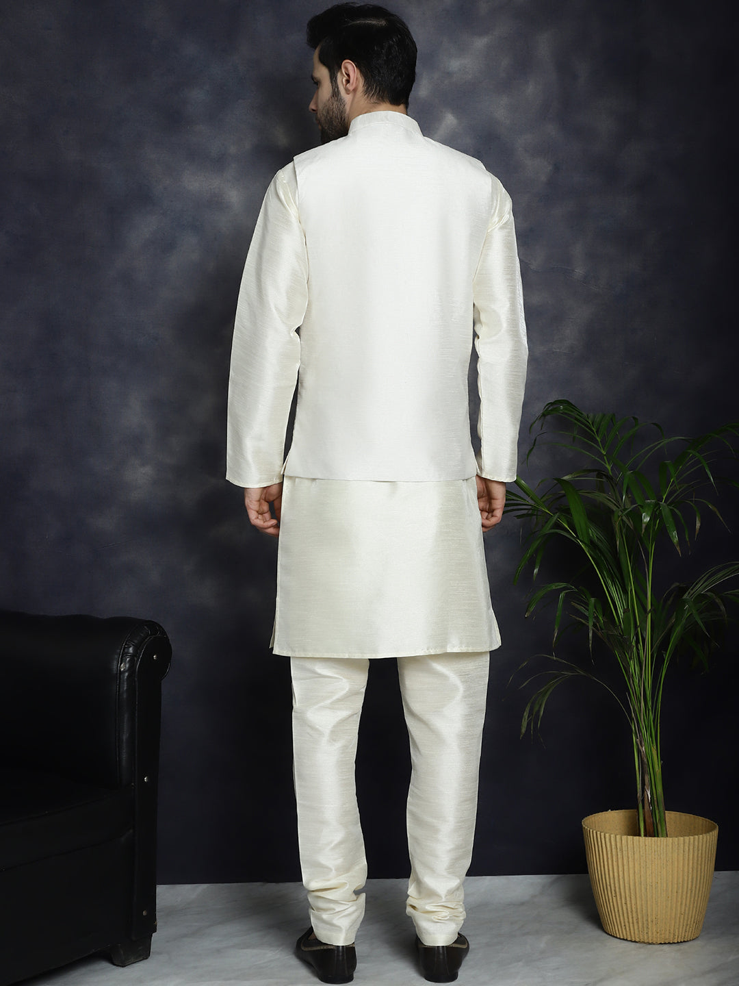 Jompers Men's Sequins and Embroidred Nehru Jacket With Solid Kurta Pyjama - White | Grocsy