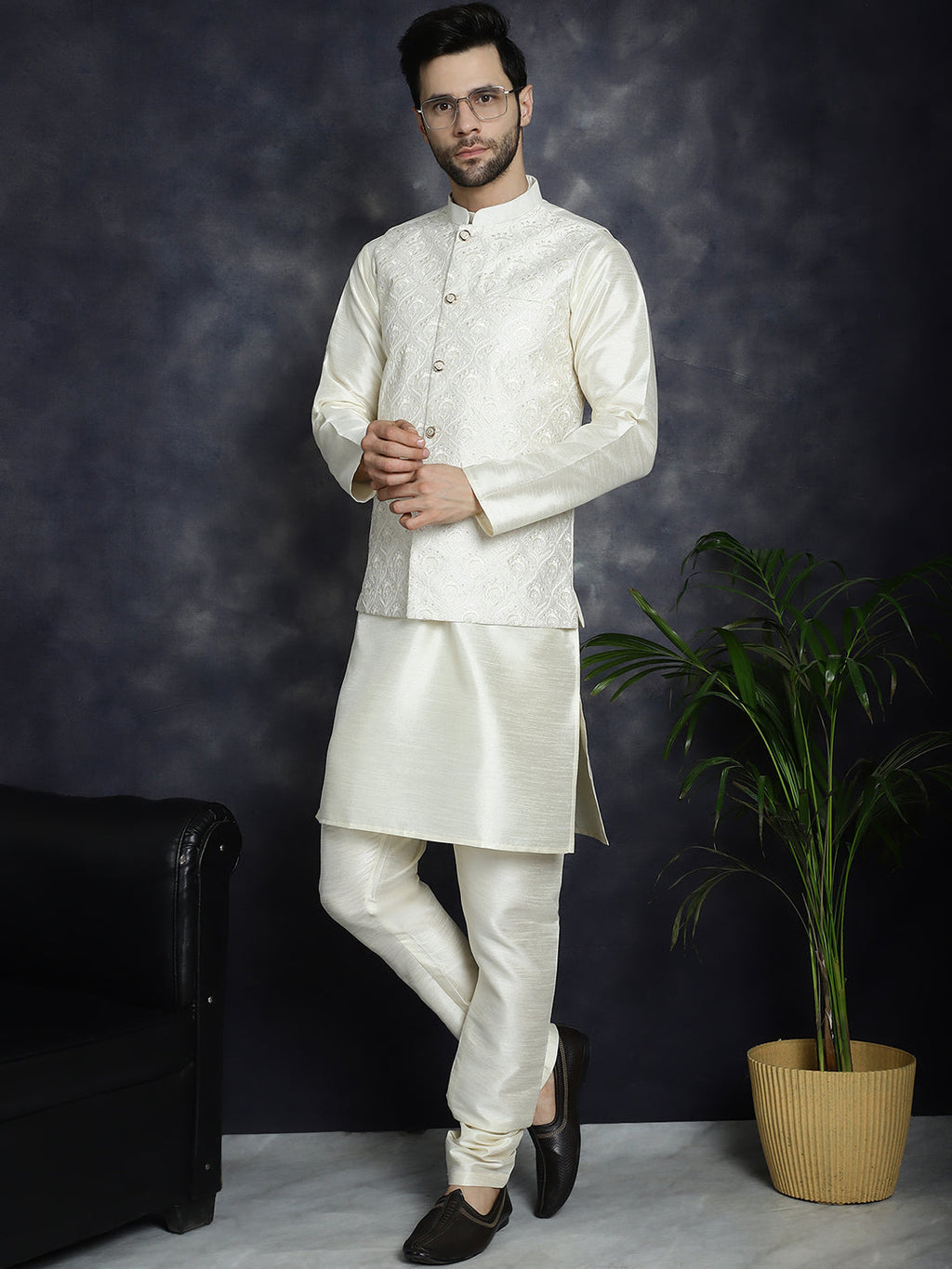 Jompers Men's Sequins and Embroidred Nehru Jacket With Solid Kurta Pyjama - White | Grocsy