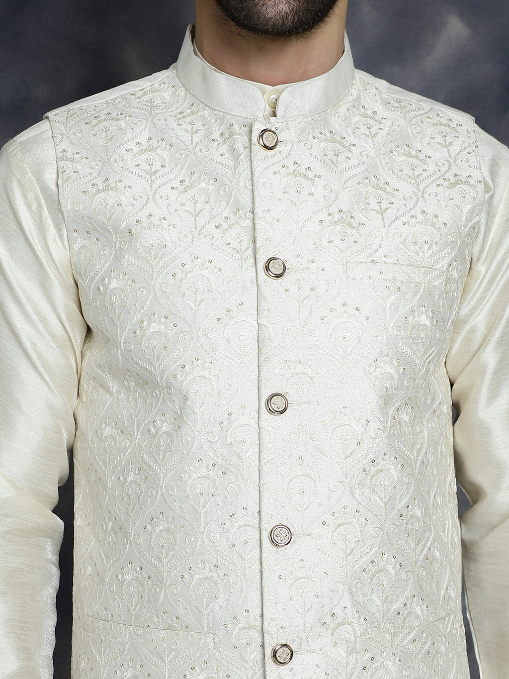 Jompers Men's Sequins and Embroidred Nehru Jacket With Solid Kurta Pyjama - White | Grocsy
