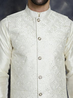 Jompers Men's Sequins and Embroidred Nehru Jacket With Solid Kurta Pyjama - White | Grocsy
