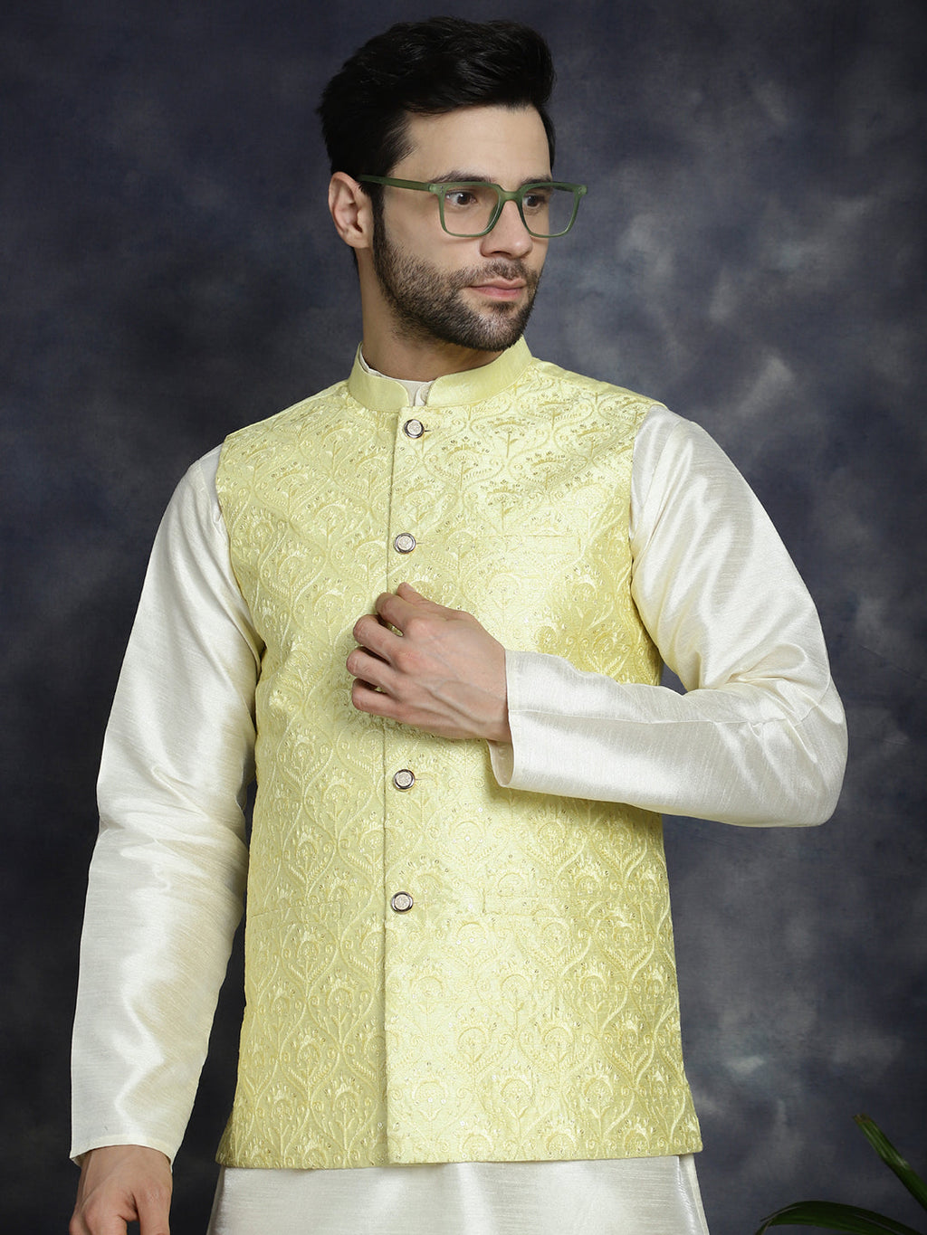 Jompers Men's Sequins and Embroidred Nehru Jacket With Solid Kurta Pyjama - Yellow | Grocsy