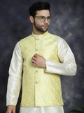 Jompers Men's Sequins and Embroidred Nehru Jacket With Solid Kurta Pyjama - Yellow | Grocsy
