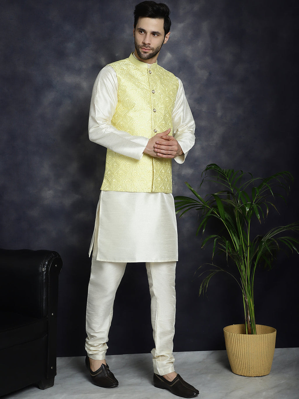 Jompers Men's Sequins and Embroidred Nehru Jacket With Solid Kurta Pyjama - Yellow | Grocsy