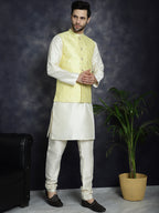 Jompers Men's Sequins and Embroidred Nehru Jacket With Solid Kurta Pyjama - Yellow | Grocsy