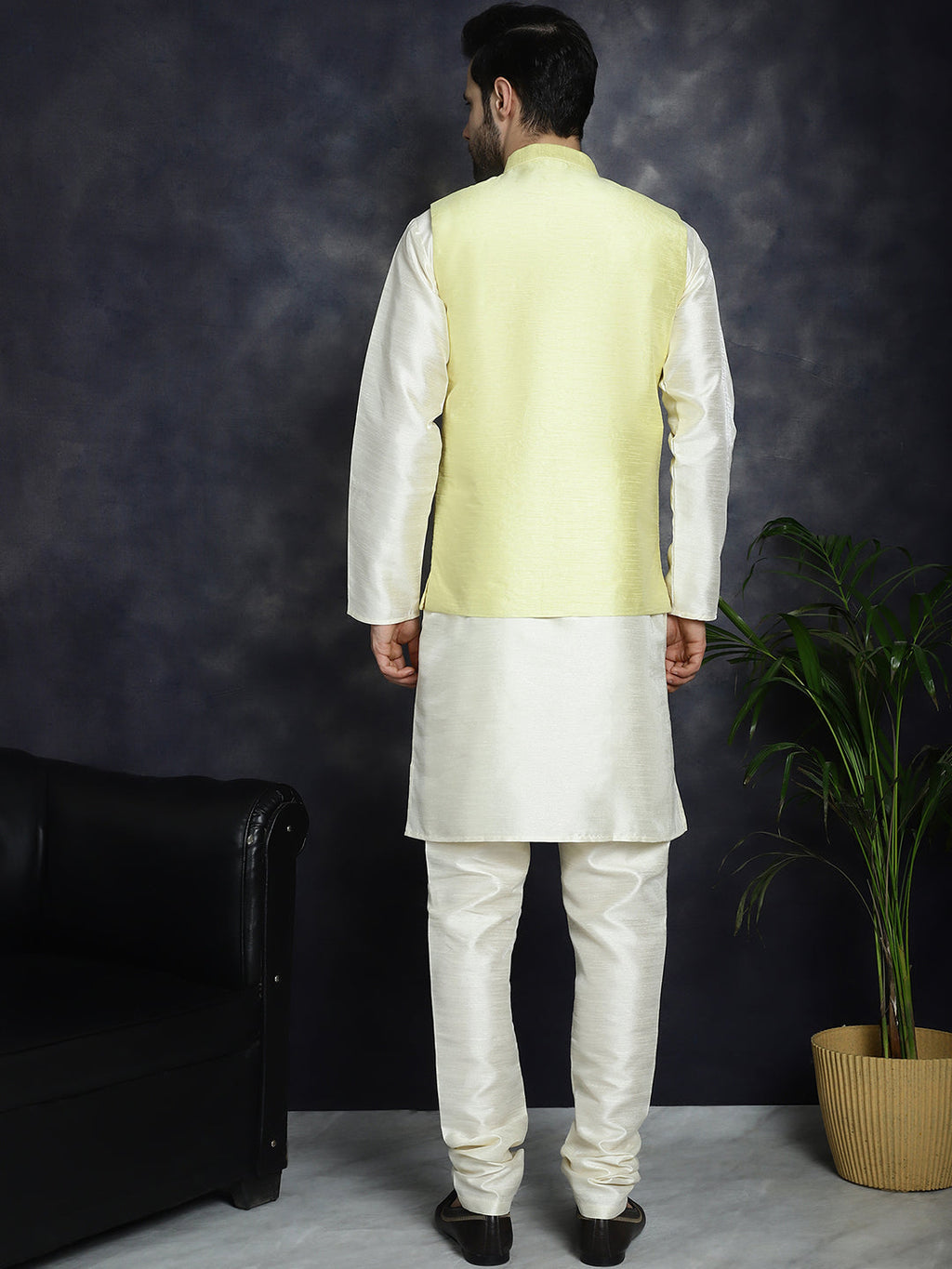Jompers Men's Sequins and Embroidred Nehru Jacket With Solid Kurta Pyjama - Yellow | Grocsy