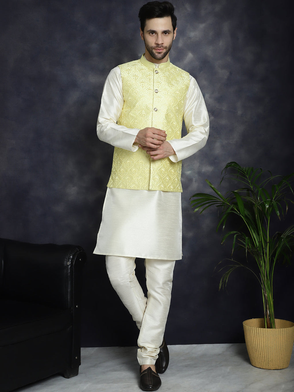 Jompers Men's Sequins and Embroidred Nehru Jacket With Solid Kurta Pyjama - Yellow | Grocsy