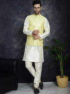 Jompers Men's Sequins and Embroidred Nehru Jacket With Solid Kurta Pyjama - Yellow | Grocsy