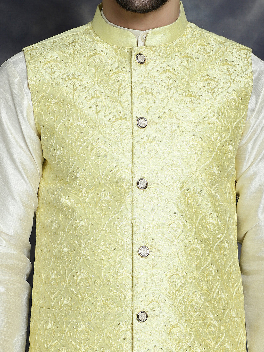 Jompers Men's Sequins and Embroidred Nehru Jacket With Solid Kurta Pyjama - Yellow | Grocsy