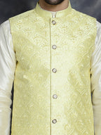 Jompers Men's Sequins and Embroidred Nehru Jacket With Solid Kurta Pyjama - Yellow | Grocsy