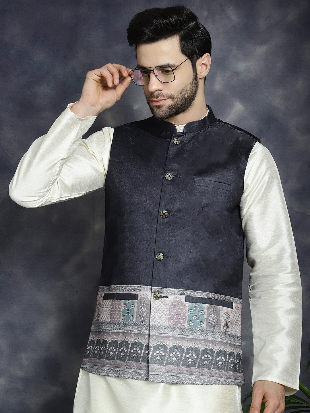 Jompers Men's Printed Nehru Jacket With Solid Kurta Pyjama - Black | Grocsy